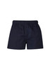 Navy blue men's rugby shorts with an elastic waistband, featuring a logo on the front.
