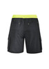 Men's black board shorts with a bright yellow waistband and cargo pockets. Features a branded logo.