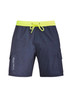 Mens Streetworx board shorts in navy with a bright yellow drawstring, featuring side pockets and a logo.