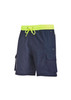 Mens Streetworx board shorts in navy with a neon yellow drawstring and side cargo pockets. Features a logo.