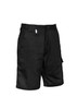 Mens rugged cooling vented shorts in black, featuring pockets and a secure waistband, with a logo present.