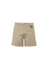 Khaki men's shorts with a pocket and clip, featuring a simple design. Includes a branding logo.