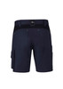 A pair of navy work shorts featuring cargo pockets and a logo on the waistband, viewed from the back.
