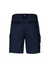 Navy men's shorts featuring cargo pockets and a logo at the waistband, designed for workwear purposes.