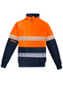 An orange and navy fleece pullover featuring a 1/4 zip and hoop-taped reflective stripes. It has a logo on the sleeve.