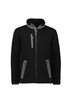 A black unisex full zip sherpa fleece jacket with grey accents and multiple zippered pockets.