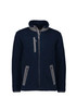 A unisex full zip sherpa fleece jumper in navy with grey accents and two zip pockets. Features a collar and a logo.