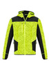 A high-visibility hoodie in neon yellow and black, featuring a zip front and side pockets, with a logo on it.