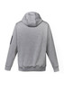 A grey unisex multi-pocket hoodie with a hood and long sleeves, featuring a logo on one sleeve.
