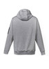 A grey unisex multi-pocket hoodie with a hood and a branded patch on the sleeve.
