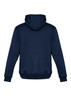 A navy unisex multi-pocket hoodie featuring a hood and ribbed cuffs, with a logo on the sleeve.