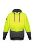 A bright yellow and grey unisex hoodie with a textured jacquard design and a logo on the sleeve.