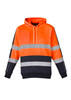 A bright orange and black unisex hoodie with reflective taped stripes and a hood, featuring a logo.