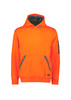 An orange unisex water-resistant hoodie with a grey lined hood and branding on the sleeve.