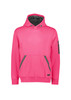 A bright pink unisex water-resistant hoodie featuring a front pocket and a logo on the sleeve.