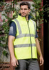 A lightweight, waterproof vest in high visibility bright yellow, featuring reflective stripes and a logo.