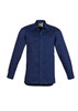 A navy long sleeve shirt featuring two front pockets and a logo, designed for workwear use.