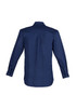 A long sleeve shirt in navy, featuring a back pleat and buttoned cuffs, with a logo on the fabric.