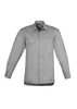 A lightweight long sleeve shirt in grey with two chest pockets and a button-up front, featuring a logo.