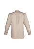 A beige long sleeve shirt with a back pleat and buttoned cuffs, featuring a logo. Ideal for workwear.