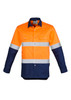 A men's long sleeve work shirt featuring orange and navy fabric with reflective hoop tape. It has a logo on it.