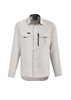 A light grey long sleeve button-up shirt with two chest pockets and a logo.