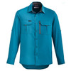 A men's long sleeve outdoor shirt in teal, featuring a button-up front and two chest pockets. It has a logo on it.