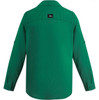 A green long sleeve shirt with a button-up front and a logo on the back.