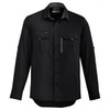 A black long sleeve button-up shirt with two front pockets and a logo. Suitable for outdoor activities.