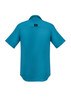 A back view of a teal men's short sleeve button-up shirt featuring a logo.