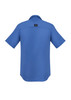 A blue men's outdoor short sleeve button-up shirt with a logo on the back.