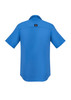 A blue men's outdoor short sleeve button-up shirt with a logo on the back.