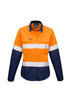 A long sleeve shirt in orange and navy, featuring reflective tape and a logo on the chest.