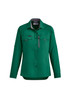 A women's long sleeve button-up shirt in green with two chest pockets and a zip pocket, featuring a logo.
