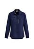 A navy long sleeve button-up shirt for women featuring pockets and a logo.