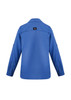 A blue long sleeve women's outdoor shirt with a button-up design and a logo on the back.