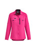 A pink women's outdoor long sleeve button-up shirt with a chest pocket and a logo.