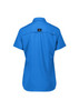 A blue women's outdoor short sleeve shirt with a back yoke and a logo on the upper back.