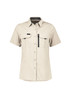 A short sleeve women's outdoor shirt in light beige, featuring two front pockets and a zip pocket, with a logo.