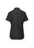 A women's short sleeve shirt in black, featuring a logo on the back and a collared design.