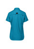A turquoise short sleeve shirt with a collared design and a logo on the back.