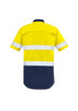 A yellow and navy short sleeve work shirt with reflective tape and a logo. Suitable for high visibility needs.