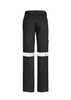 Black women's utility pants with reflective tape and a logo on the back. Features pockets and a straight leg design.