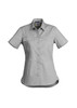A lightweight short sleeve shirt in light grey with a button-up front and chest pockets, featuring a logo.