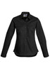 A black women's long sleeve shirt with a collared neckline, front pockets, and buttons down the front. It features a logo.