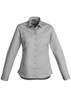 A women's lightweight long sleeve shirt in light grey with a button-up front and chest pocket, featuring a logo.