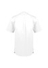 A white short sleeve chef shirt with a back pleat and side vents, featuring a logo.