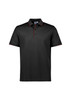 A black short sleeve polo shirt with red trim and a logo on the chest.