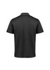 A black short sleeve polo shirt featuring a collar and a logo on the front.