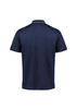 A navy short sleeve polo shirt with a collar and a back view. The shirt features a logo.
